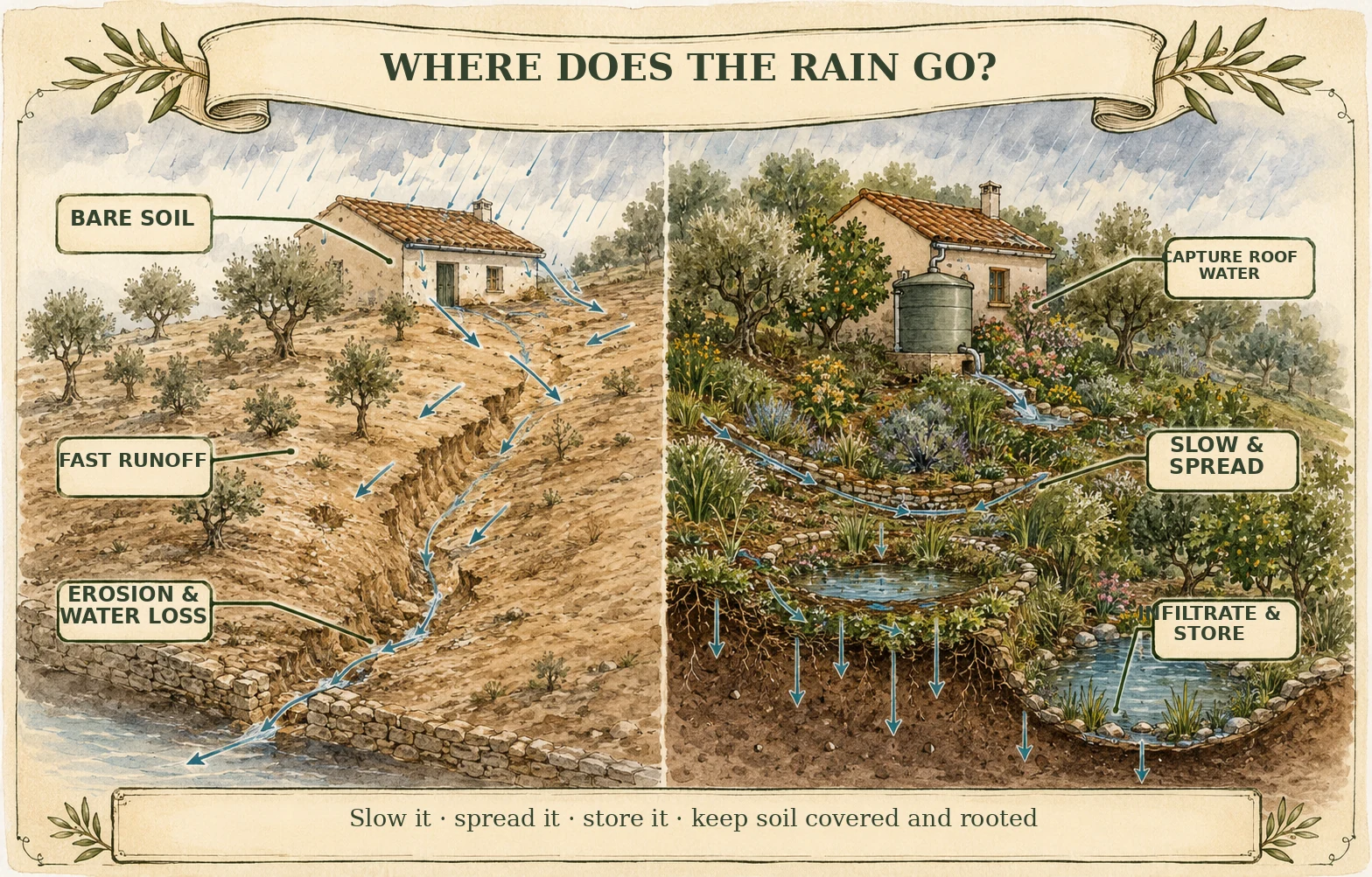 Illustrated board asking where the rain goes, contrasting fast runoff and erosion on bare ground with rain slowed, spread and soaking into covered, planted soil