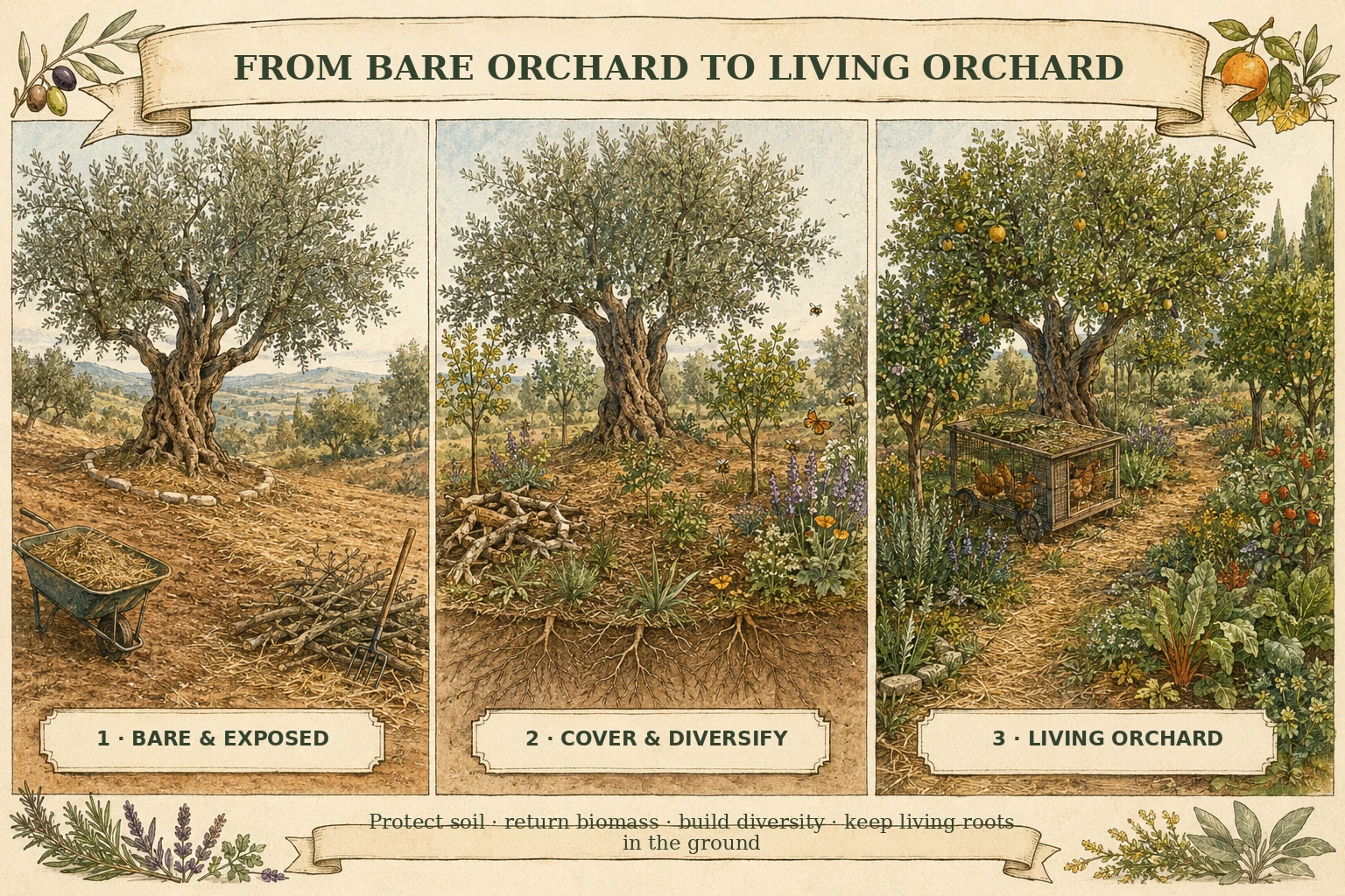 Illustrated board showing the staged path from a bare orchard to a living orchard with covered soil, returned biomass and a diverse understory
