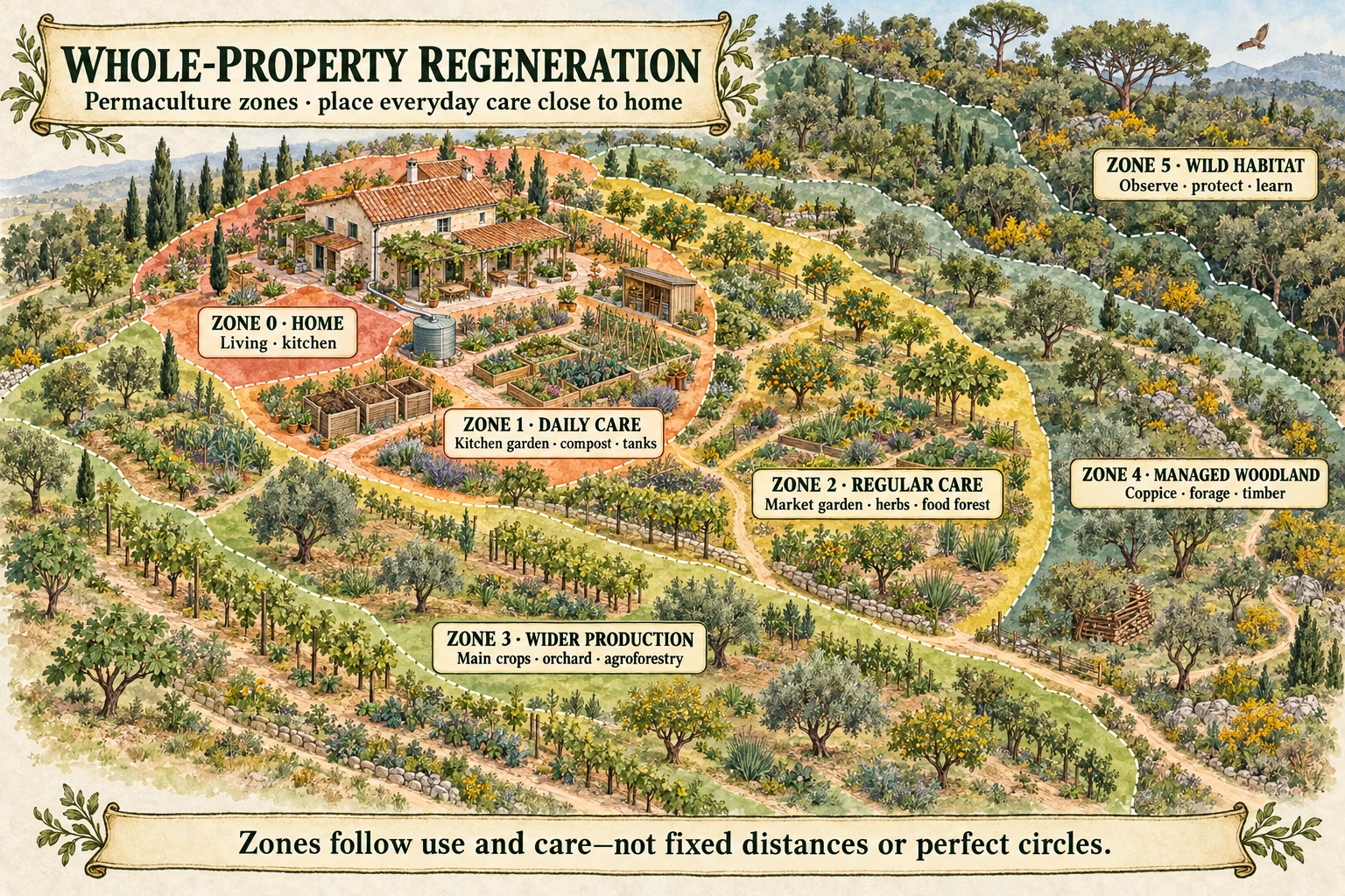 Painted whole-property plan showing the home, daily-care gardens, wider production, managed woodland and wild habitat as connected zones