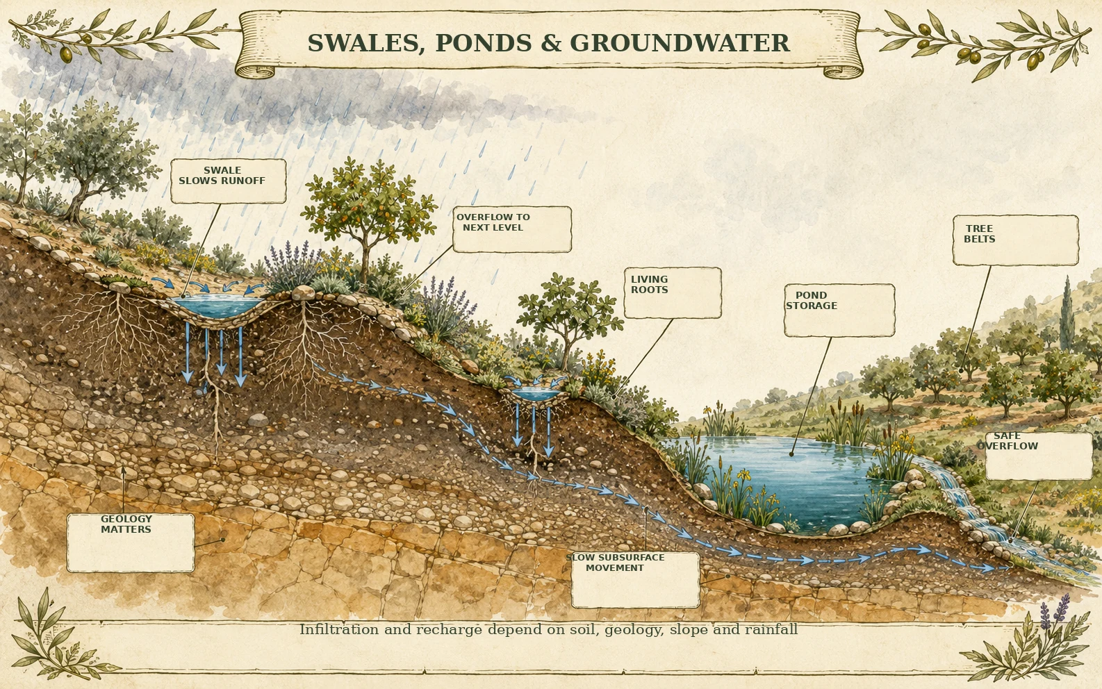 Illustrated board showing how swales, ponds and soil interact with infiltrating water and groundwater on a slope