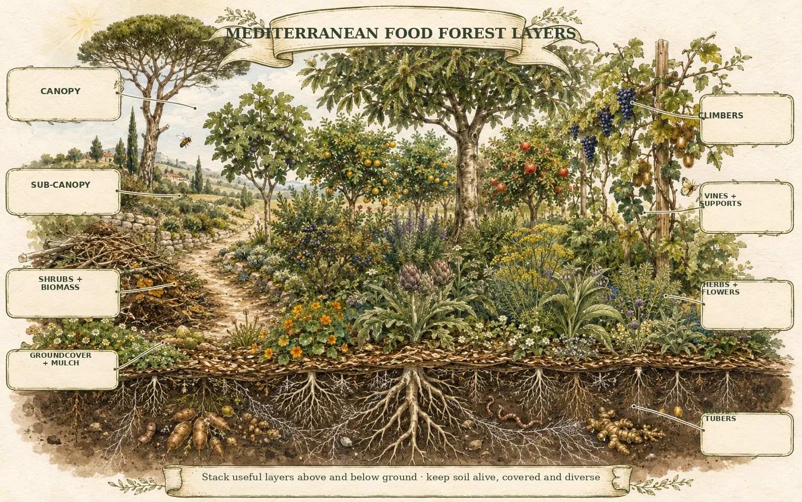 Illustrated board of Mediterranean food forest layers, from canopy and sub-canopy through shrubs, climbers, herbs, groundcovers and roots to the soil food web