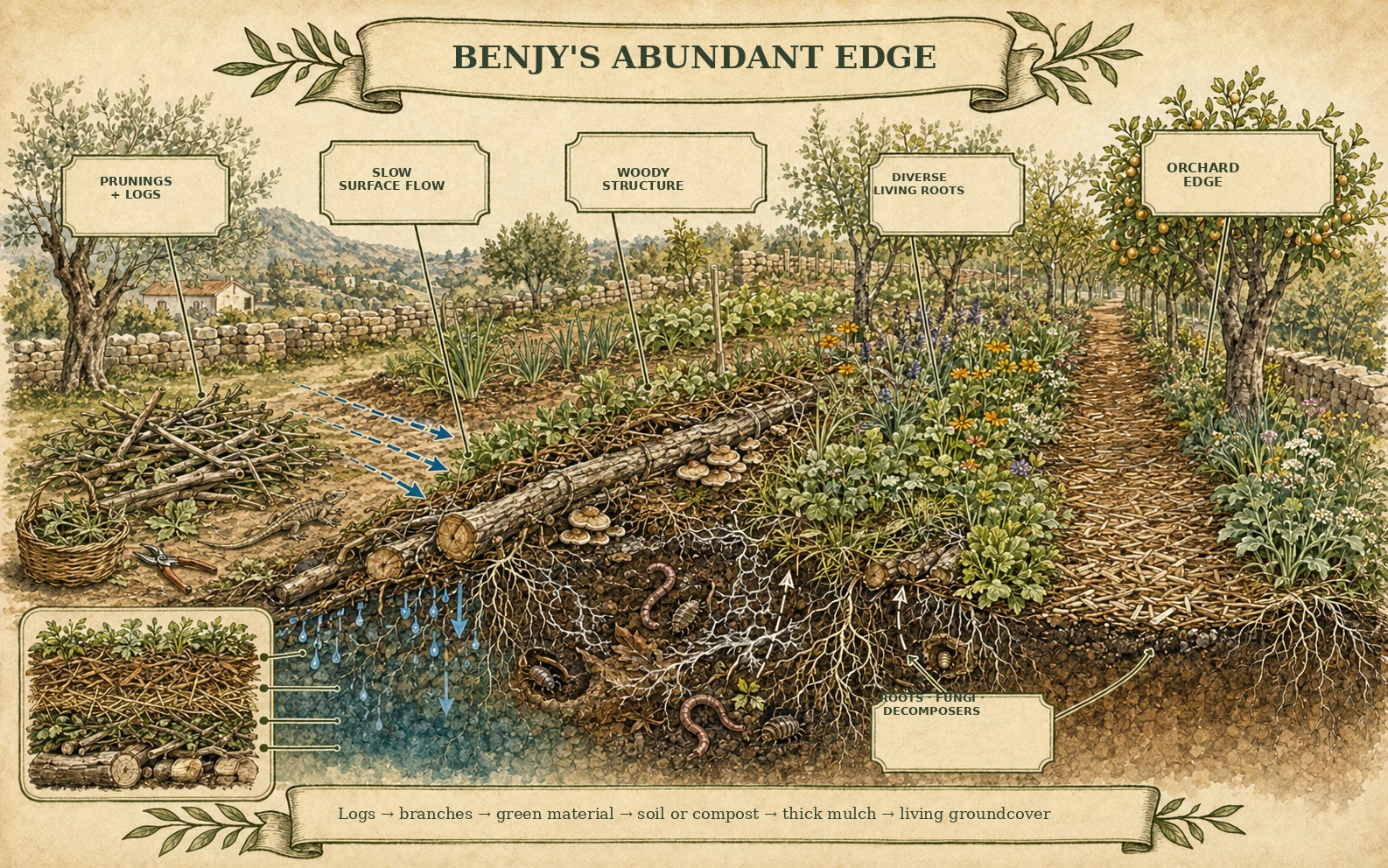 Illustrated board of Benjy's Abundant Edge: logs, branches, green material, soil, thick mulch and living groundcover layered into a moisture-holding edge