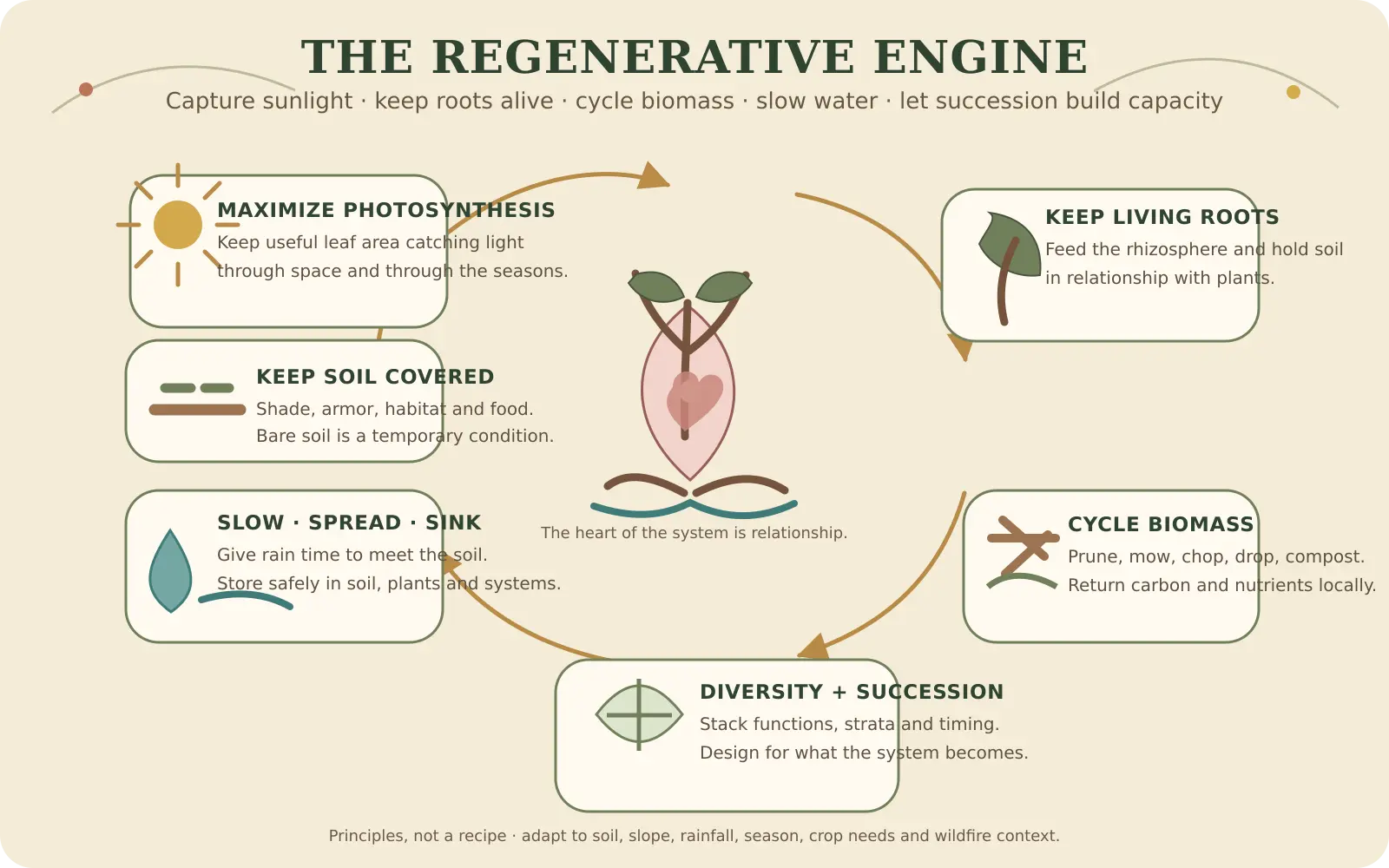 Illustrated board of the regenerative engine: photosynthesis, living roots, soil cover, biomass cycling, diversity with succession, and slowing water, arranged as one loop around the words the heart of the system is relationship