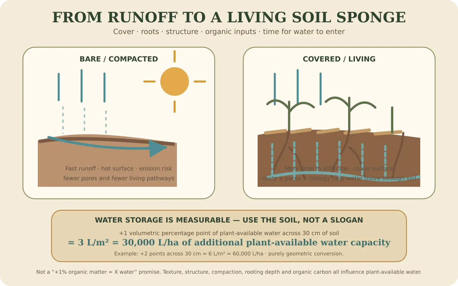 Illustrated board comparing compacted bare soil that sheds water with an aggregated, root-filled living soil that absorbs and holds it