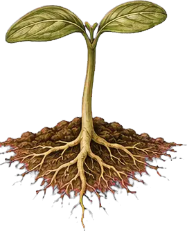 A hand-drawn young plant with strengthening roots