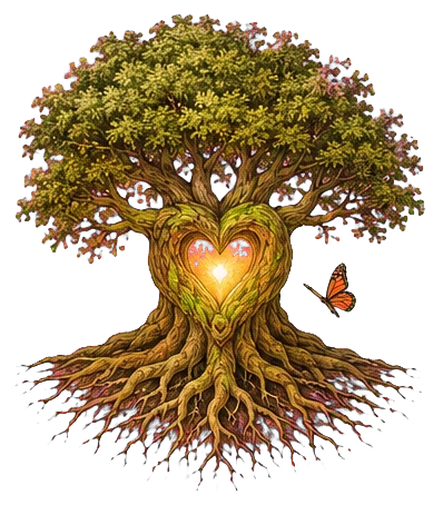 A mature Tree of Life with a heart opening and butterfly