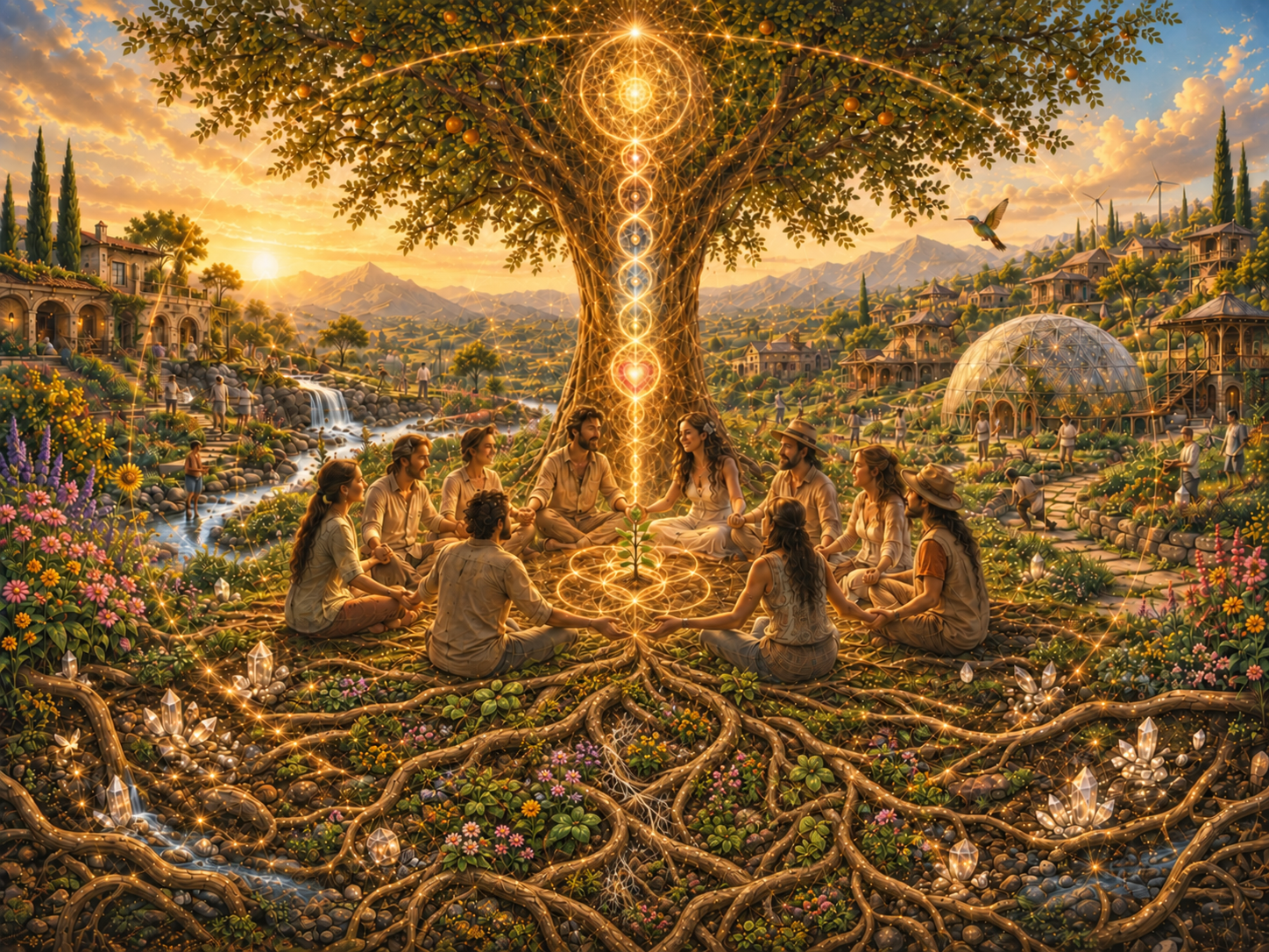Painted community circle beneath a fruiting Mediterranean tree, with a stream, village, flowers, mycelium and a Lotus of Life woven into the roots