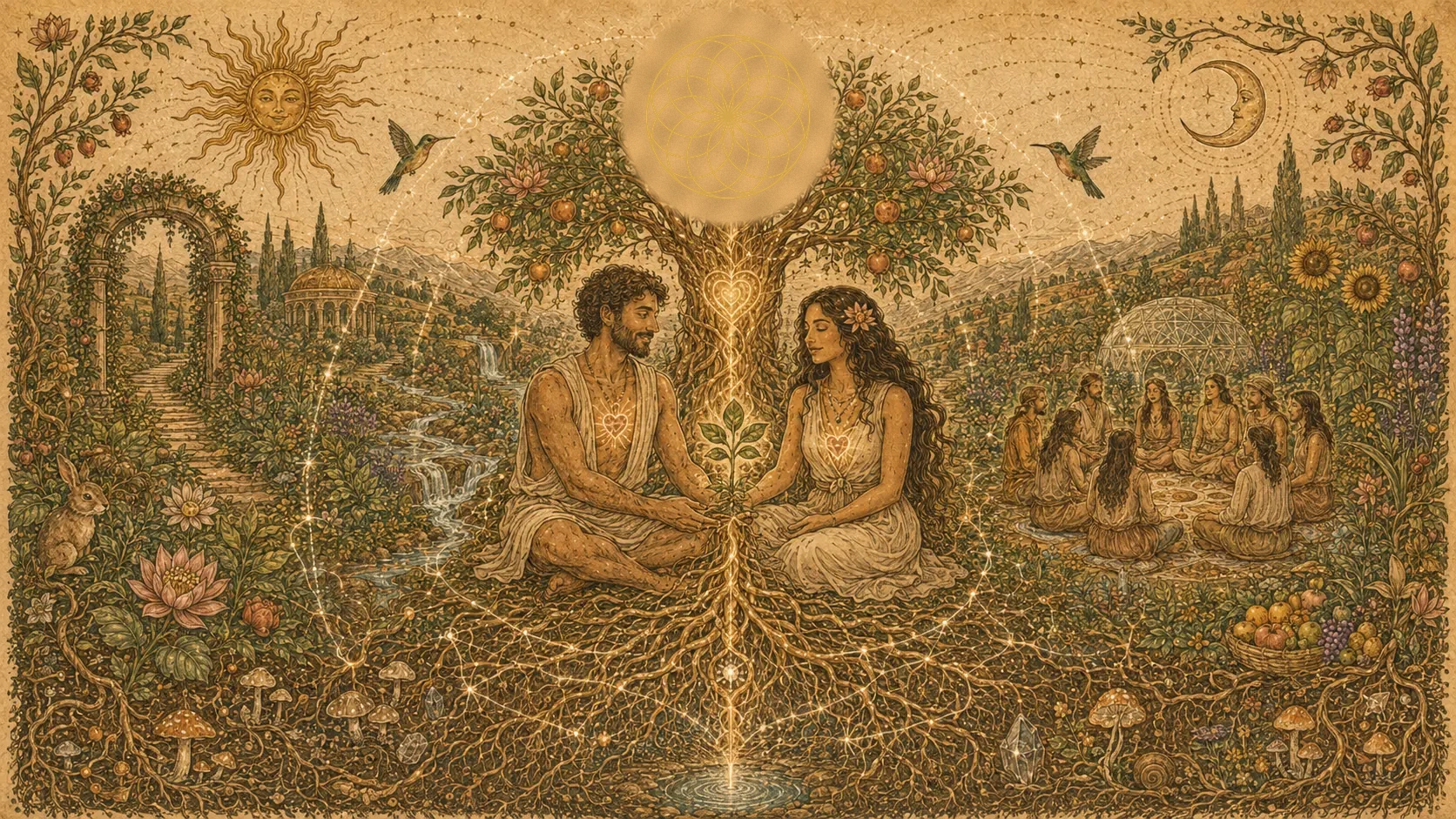 Painted vision of a flourishing garden community gathered beneath a living tree