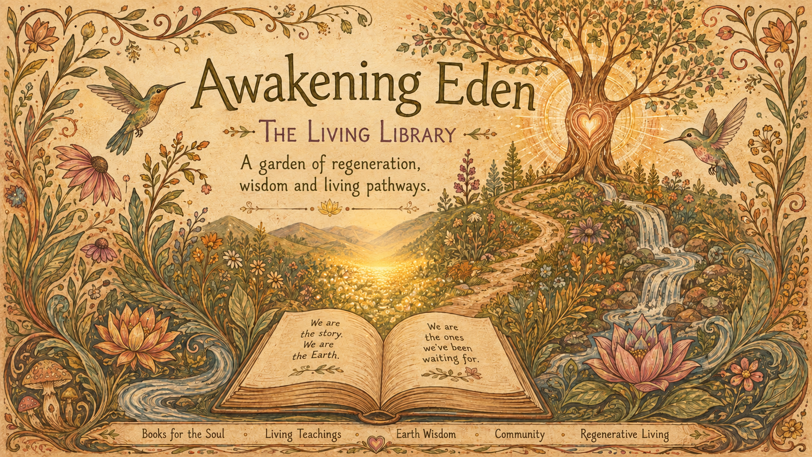 Illustrated Awakening Eden Living Library: an open book beneath a heartwood tree, hummingbirds, botanical flowers and flowing water