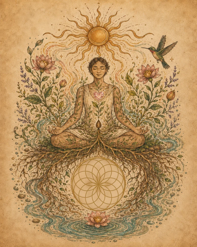 A person sitting cross-legged in meditation beneath a sun, with a rose heart at the chest, a seed at the belly, roots reaching down into the twelve-fold Lotus of Life, a flowering lotus and water below, and a hummingbird nearby