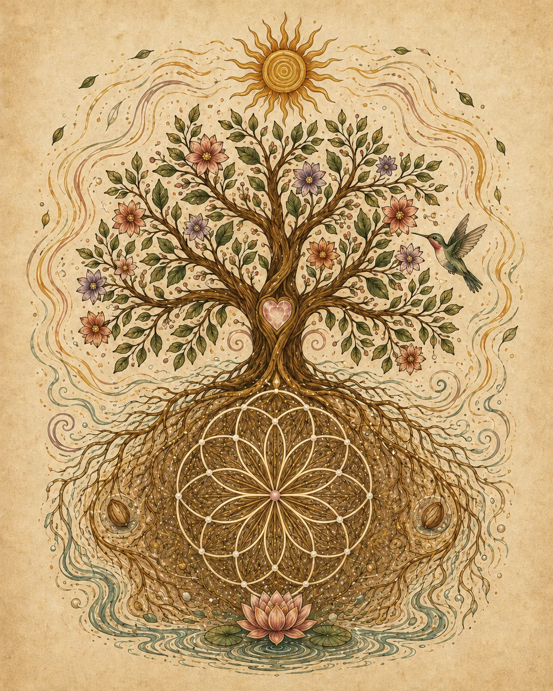 A fruiting Mediterranean Tree of Life forming a heart-shaped gateway to a regenerative village, with coloured living strands, intertwined roots and the exact twelve-fold Lotus of Life
