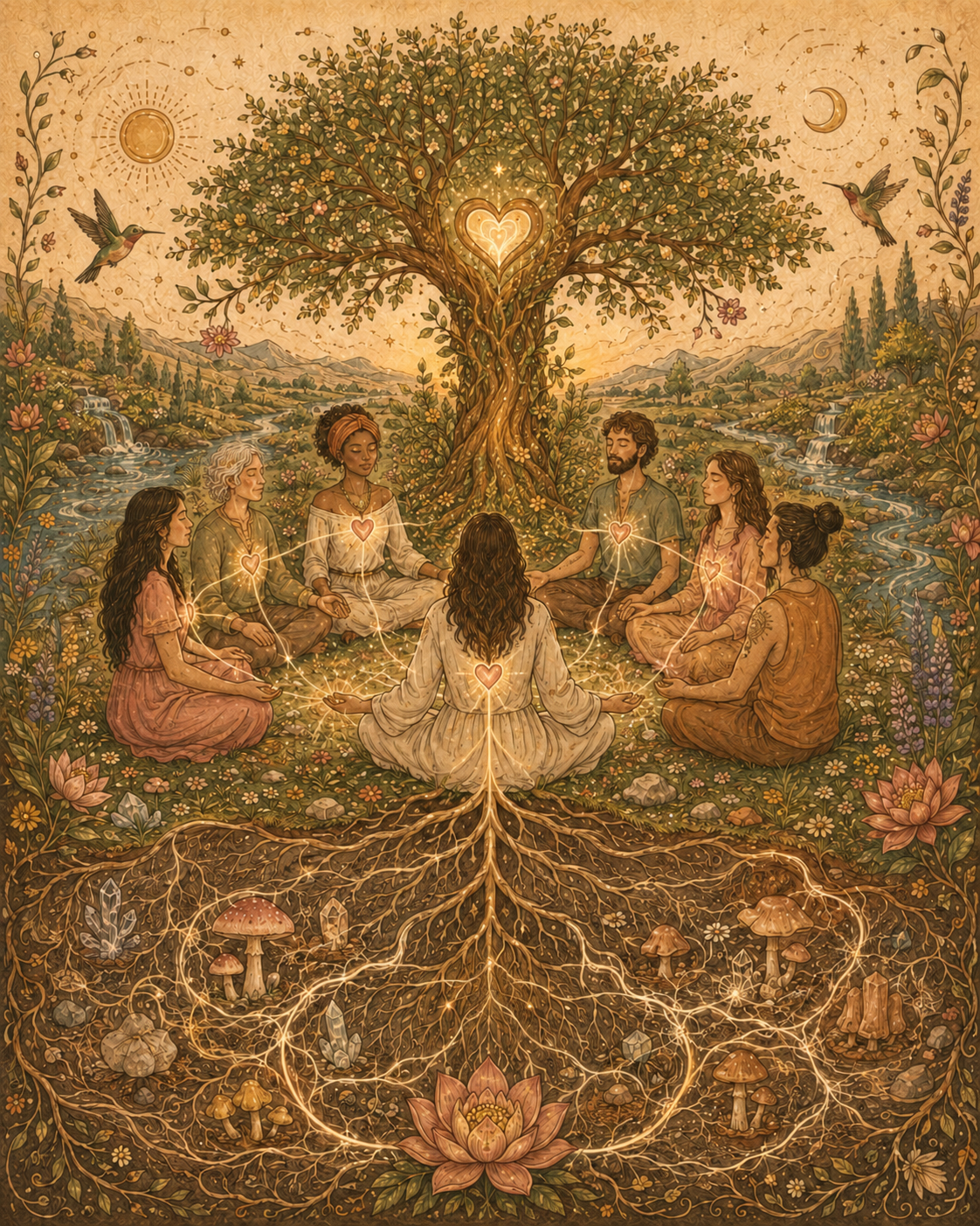Illustrated circle of people under a heartwood tree, with water, flowers, roots and mycelium extending beneath them