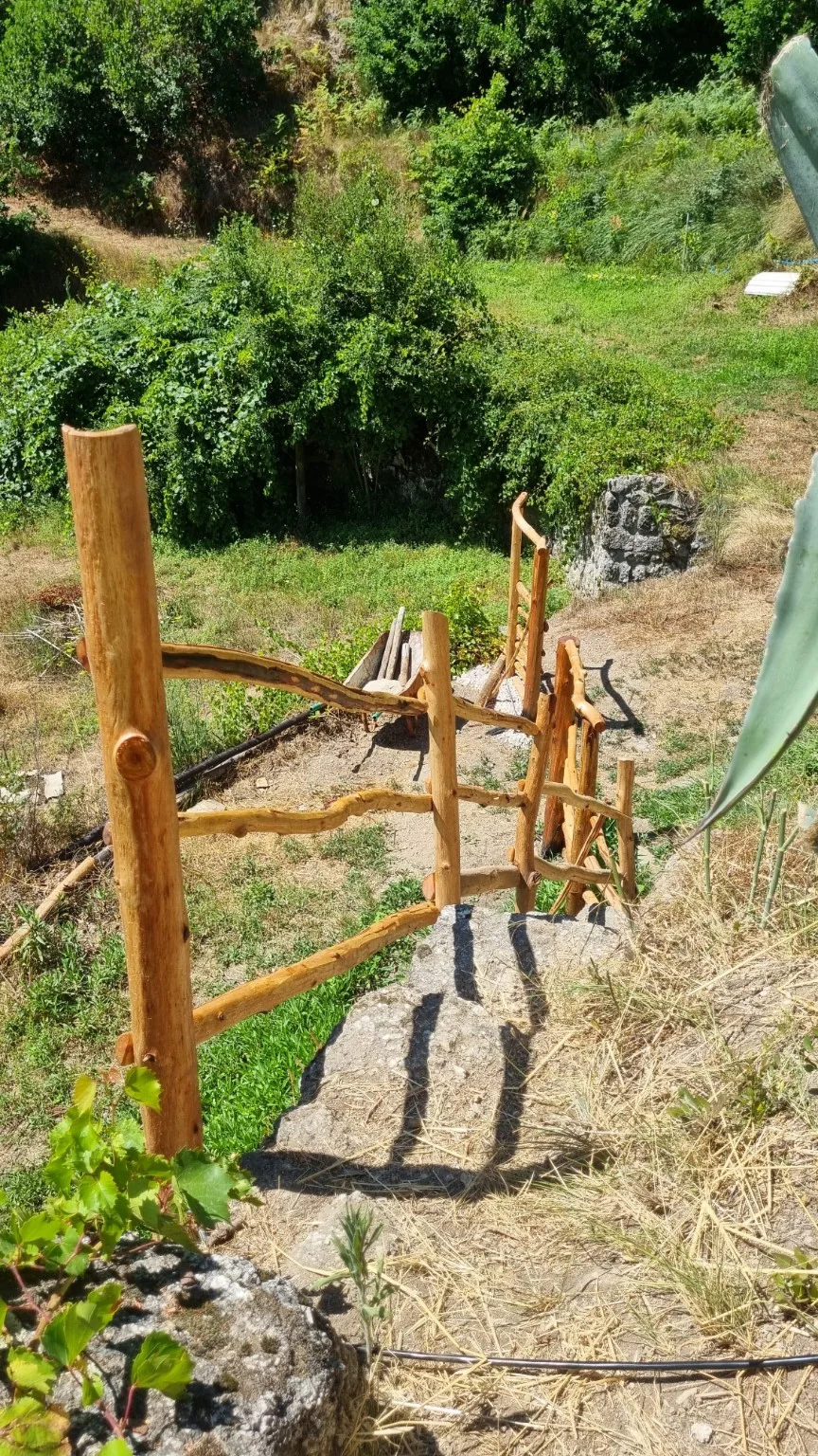 Handcrafted natural branch railings following stone steps on a rural property