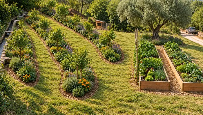 Proposed curved food-forest gardens beside the switchable levada on Luisa and Sim's land near Tábua
