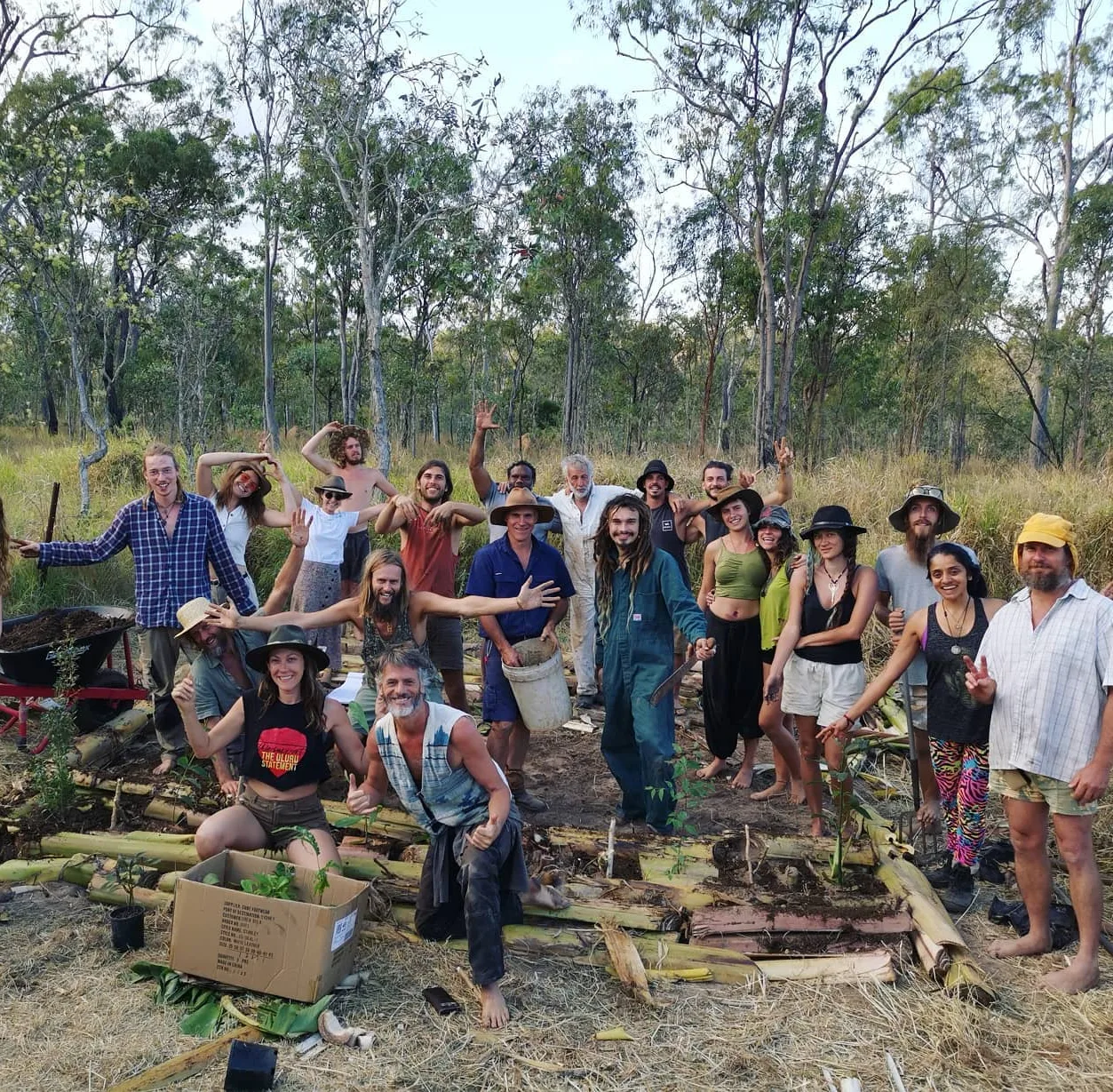 A big joyful group of workshop friends standing around freshly planted syntropic beds among eucalyptus trees