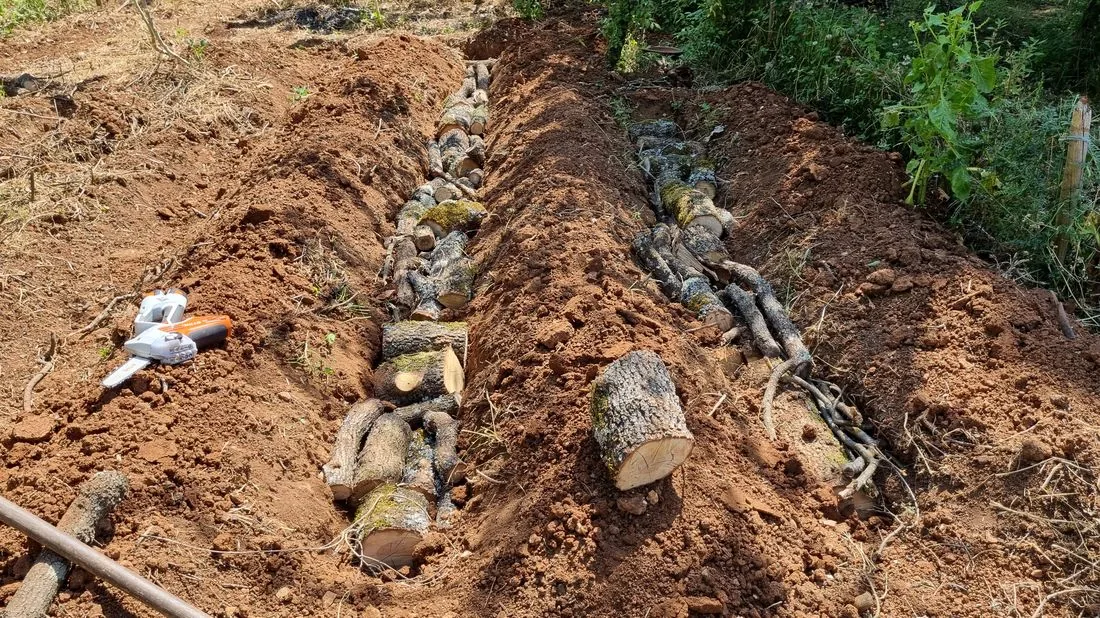 A hugelkultur bed under construction: logs and branches layered into the soil